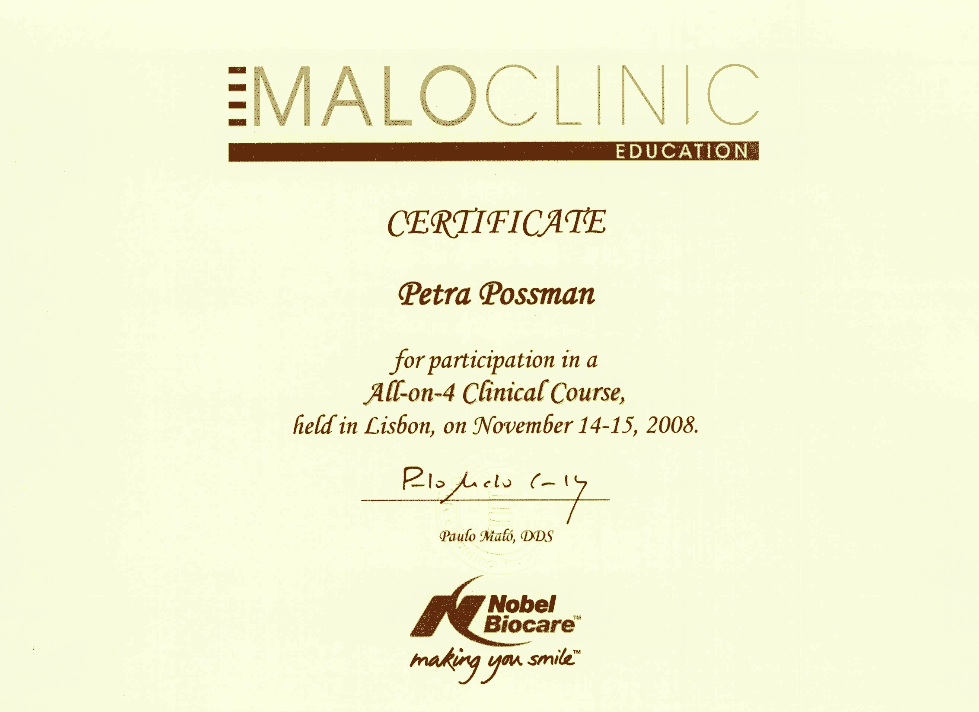 Zertifikat Malo Clinic Lissabon